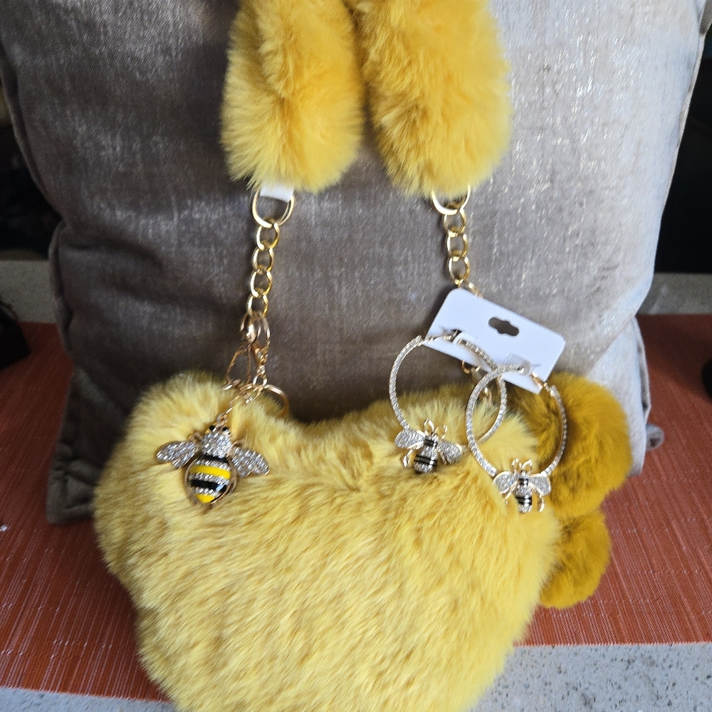 Mini Fur💛Crossbody Bag with 🐝Bee Bag Charm & 🐝Bee Earrings🐝